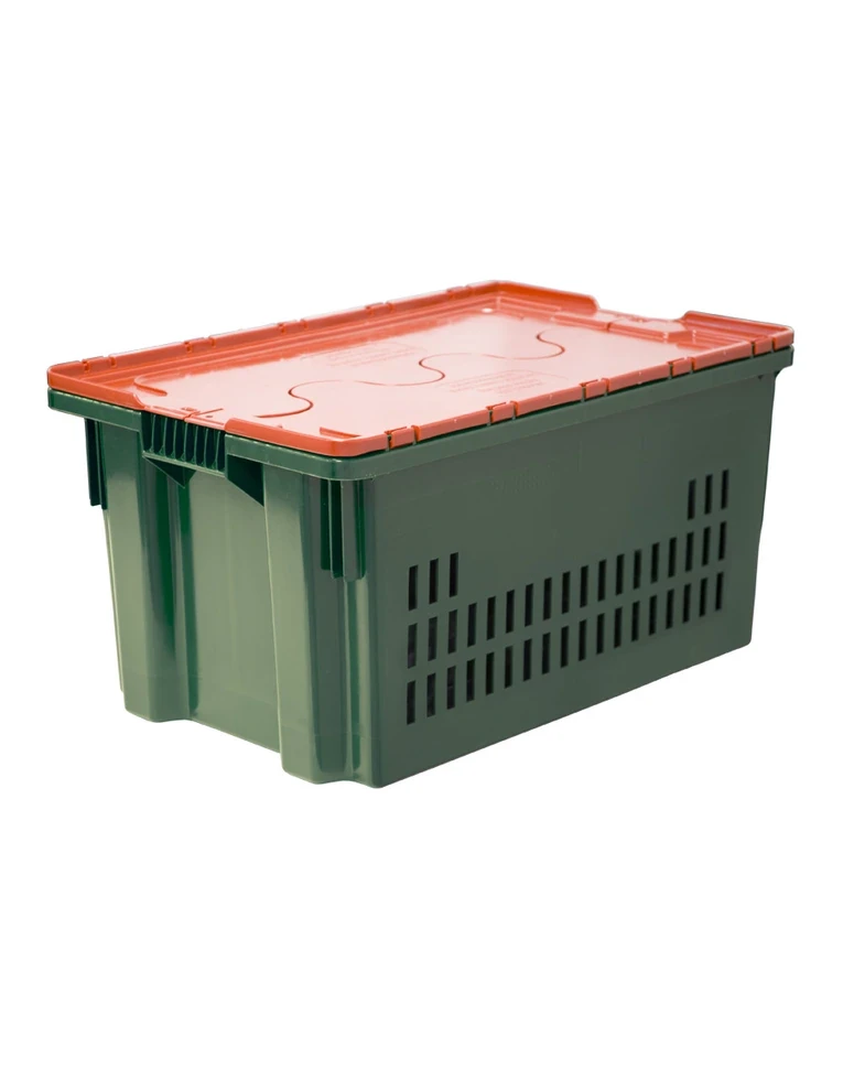 Ящик п/э 600х400х300 дно сплошное, стенки перфорированные, Safe PRO цв. зелёный с оранжевой крышкой
